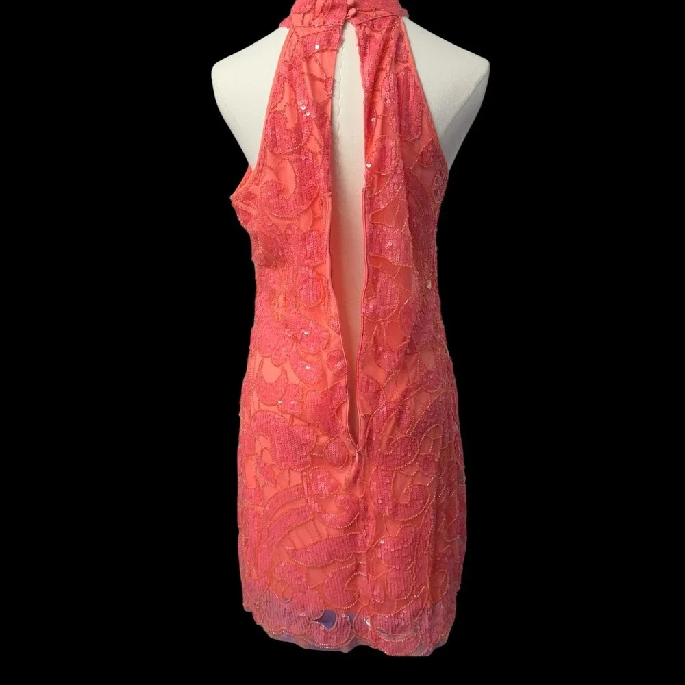 Boston Proper Dress Womens 10 Pink Coral Sequin Mesh Halter Mini Open Back NWOT